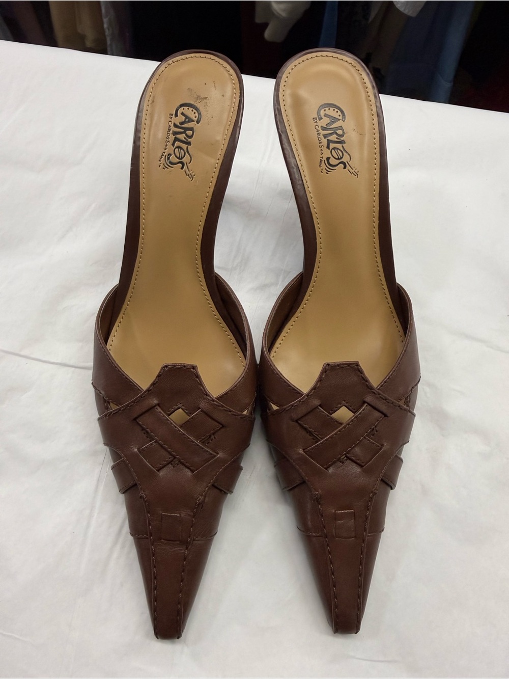 Carlos by Carlos Santana Strut 3 Brown Leather Pointed Toe Mule Heels Size 8